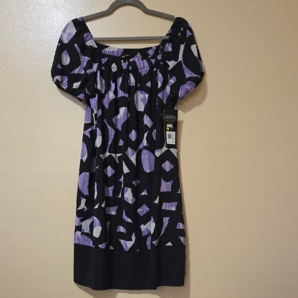 Daisy Fuentes Black and Purple Puff Sleeve Midi Sundress Lg